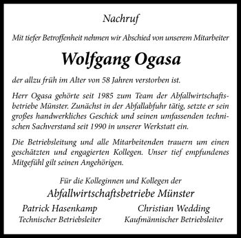 Anzeige von Wolfgang Ogasa 