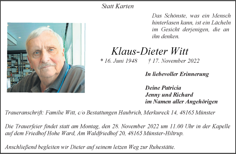  Traueranzeige für Klaus-Dieter Witt vom 19.11.2022 aus 