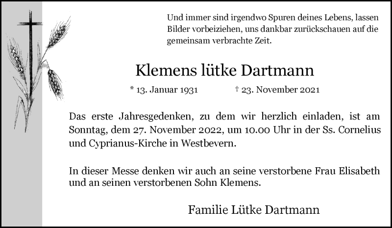  Traueranzeige für Klemens Lütke Dartmann vom 19.11.2022 aus 