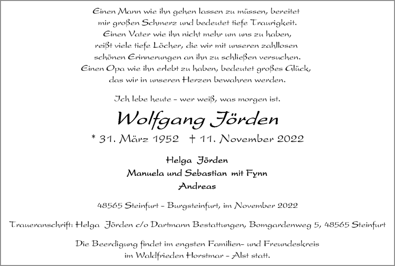  Traueranzeige für Wolfgang Förden vom 16.11.2022 aus 