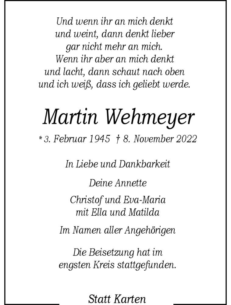  Traueranzeige für Martin Wehmeyer vom 19.11.2022 aus 