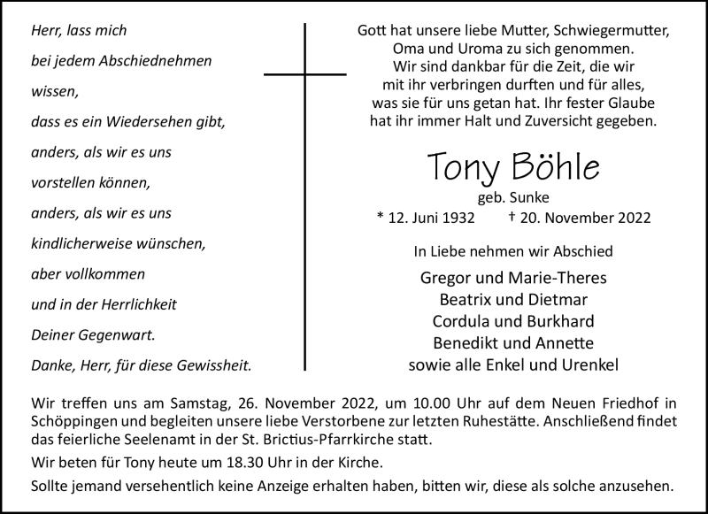  Traueranzeige für Tony Böhle vom 24.11.2022 aus 