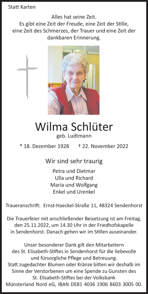  Traueranzeige für Wilma Schlüter vom 24.11.2022 aus 