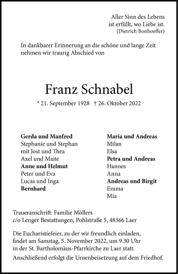 Anzeige von Franz Schnabel 