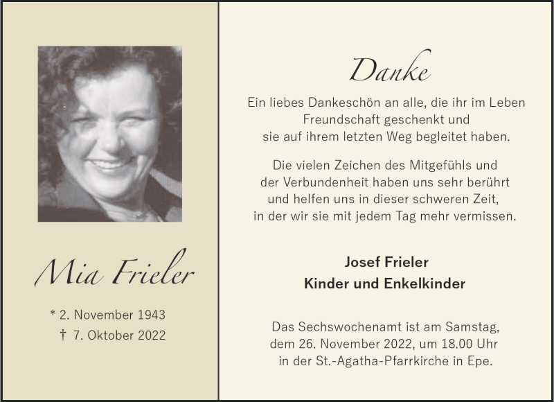  Traueranzeige für Mia Frieler vom 19.11.2022 aus 
