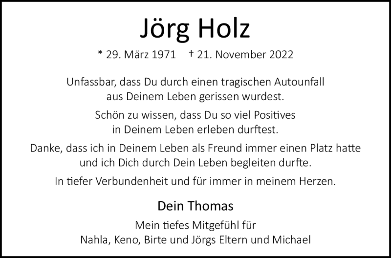  Traueranzeige für Jörg Holz vom 30.11.2022 aus 