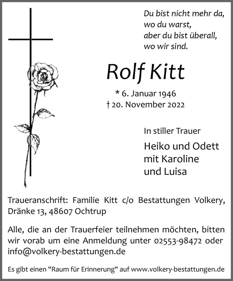  Traueranzeige für Rolf Kitt vom 24.11.2022 aus 