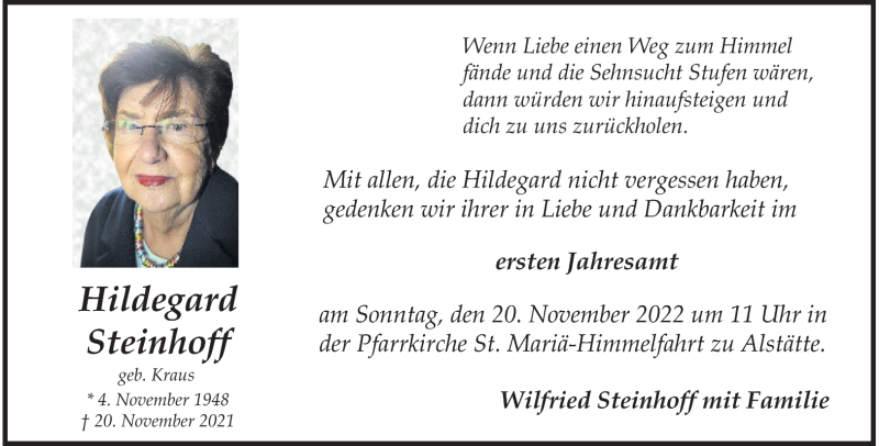  Traueranzeige für Hildegard Steinhoff vom 16.11.2022 aus 