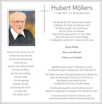 Anzeige von Hubert Möllers 