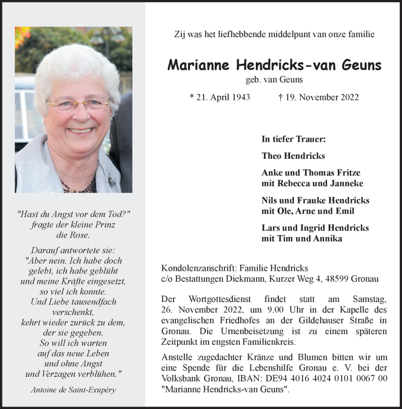  Traueranzeige für Marianne Hendricks-van Geuns vom 23.11.2022 aus 