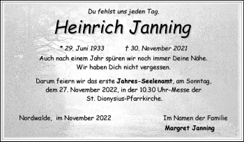 Anzeige von Heinrich Janning 