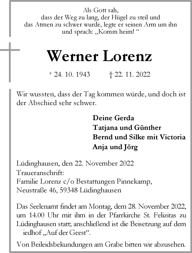  Traueranzeige für Werner Lorenz vom 25.11.2022 aus 