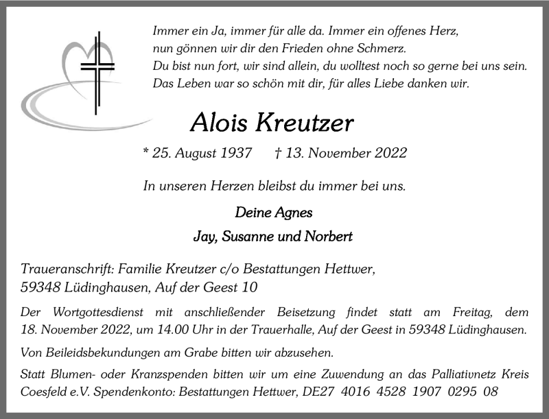  Traueranzeige für Alois Kreutzer vom 17.11.2022 aus 