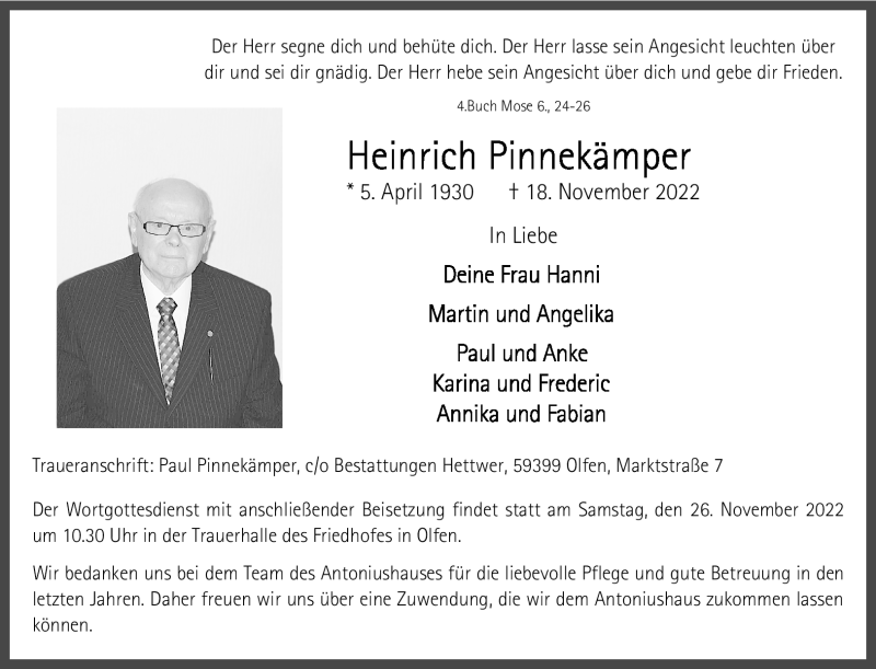  Traueranzeige für Heinrich Pinnekämper vom 23.11.2022 aus 