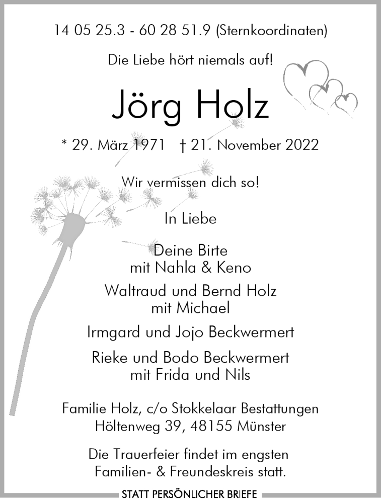  Traueranzeige für Jörg Holz vom 30.11.2022 aus 