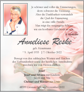 Anzeige von Anneliese Reske 