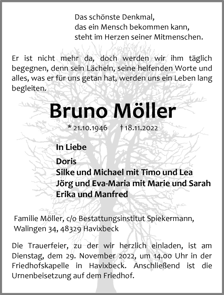  Traueranzeige für Bruno Möller vom 26.11.2022 aus 