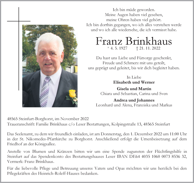  Traueranzeige für Franz Brinkhaus vom 26.11.2022 aus 