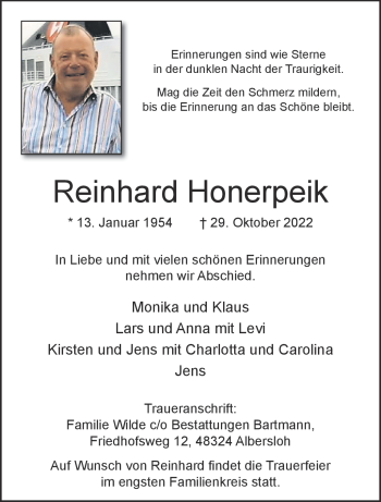 Anzeige von Reinhard Honerpeik 