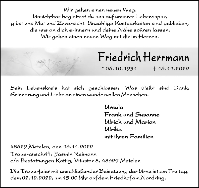  Traueranzeige für Friedrich Herrmann vom 24.11.2022 aus 
