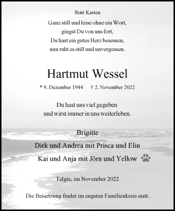 Anzeige von Hartmut Wessel 