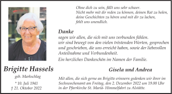 Anzeige von Brigitte Hassels 