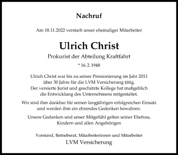 Anzeige von Ulrich Christ 