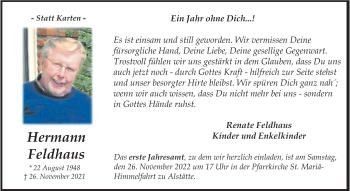 Anzeige von Hermann Feldhaus 