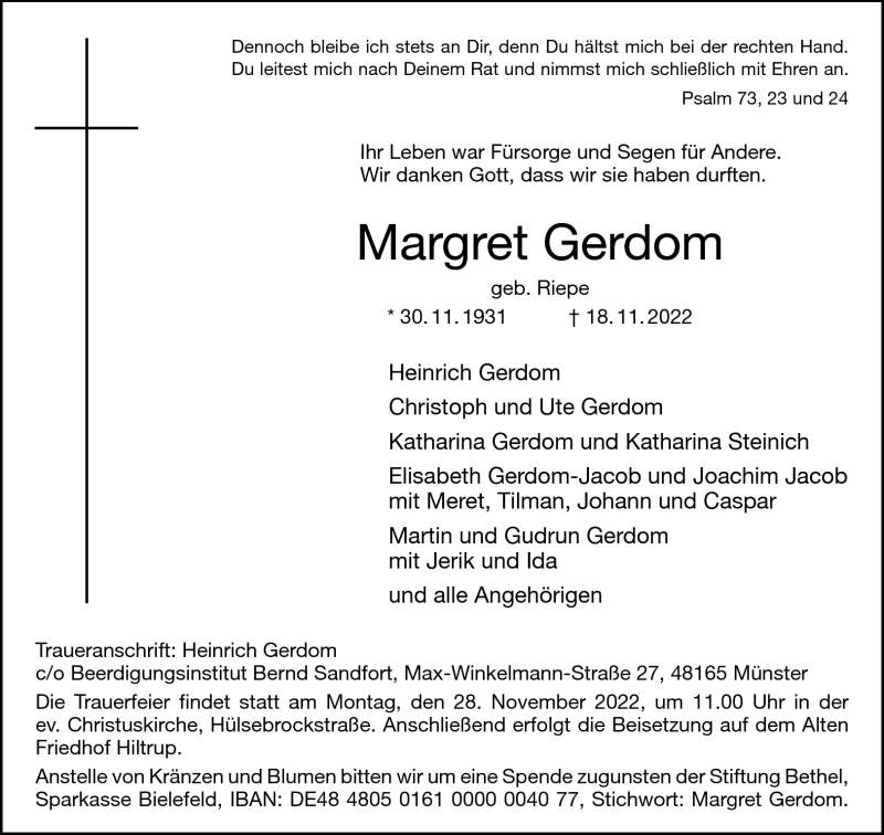  Traueranzeige für Margret Gerdom vom 23.11.2022 aus 