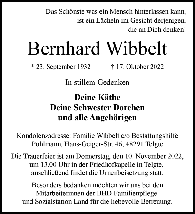  Traueranzeige für Bernhard Wibbelt vom 08.11.2022 aus 