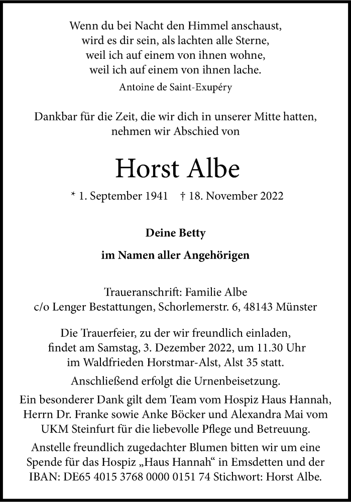  Traueranzeige für Horst Albe vom 26.11.2022 aus 