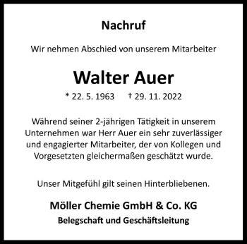 Anzeige von Walter Auer 