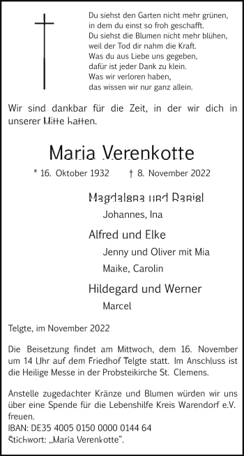 Anzeige von Maria Verenkotte 