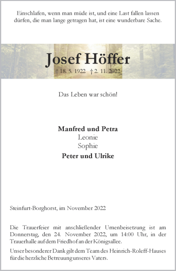 Anzeige von Josef Höffer 