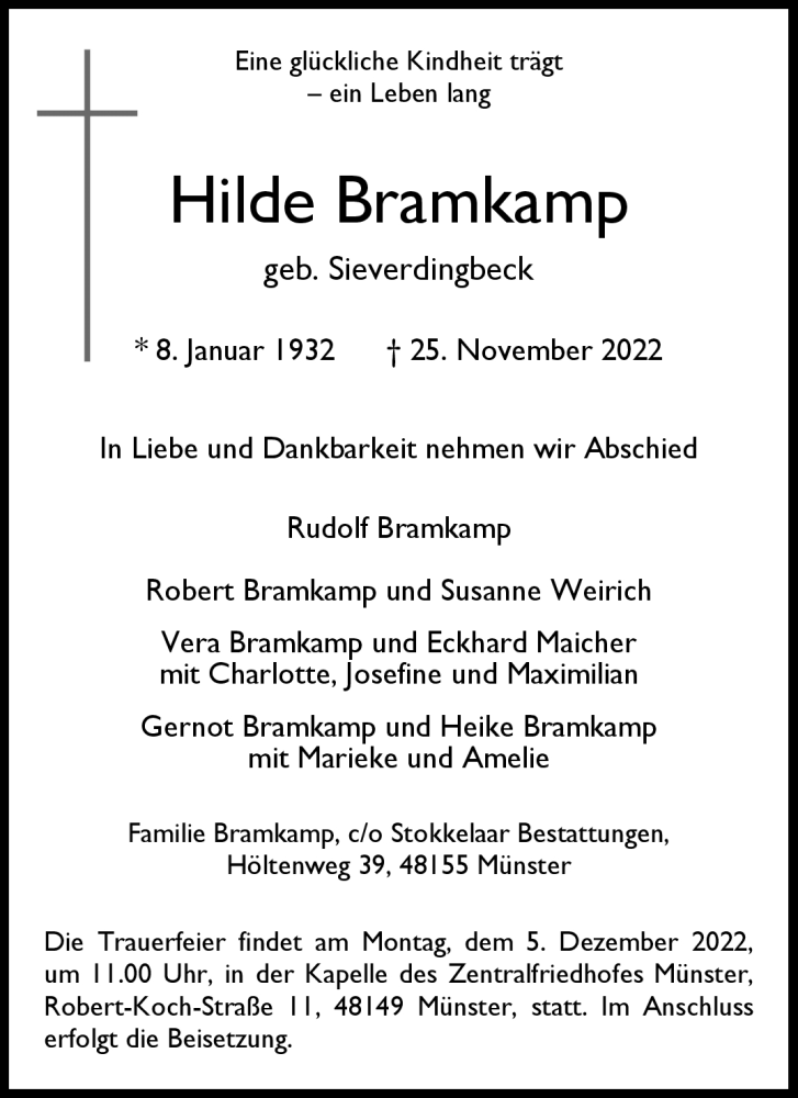  Traueranzeige für Hilde Bramkamp vom 30.11.2022 aus 
