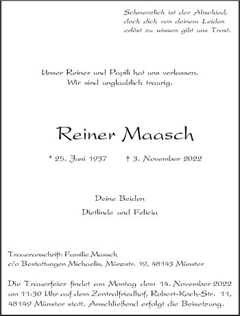 Anzeige von Reiner Maasch 