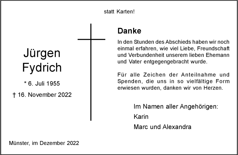  Traueranzeige für Jürgen Fydrich vom 17.12.2022 aus 