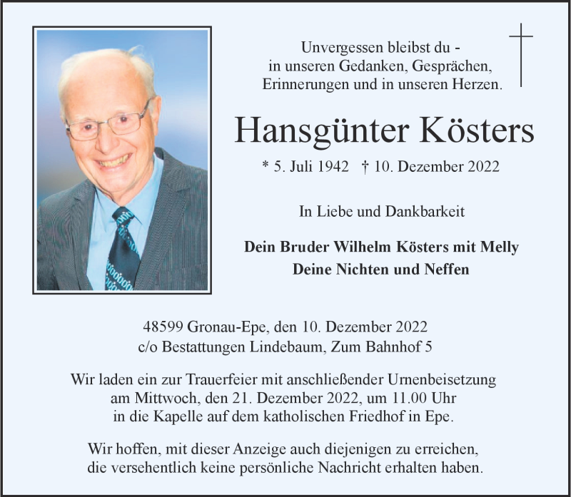  Traueranzeige für Hansgünter Kösters vom 15.12.2022 aus 