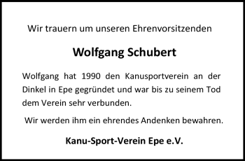 Anzeige von Wolfgang Schubert 