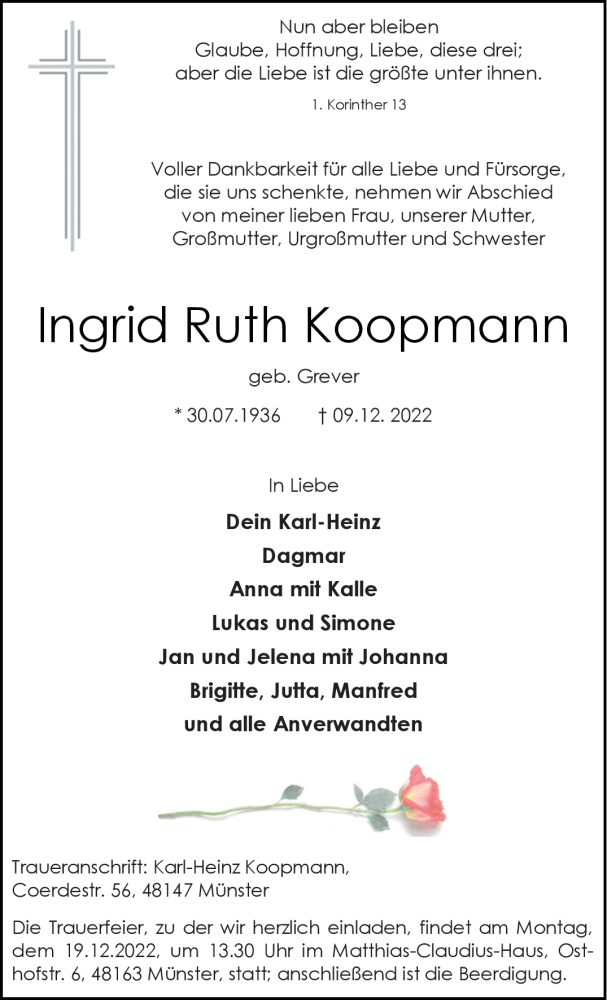  Traueranzeige für Ingrid Ruth Koopmann vom 14.12.2022 aus 