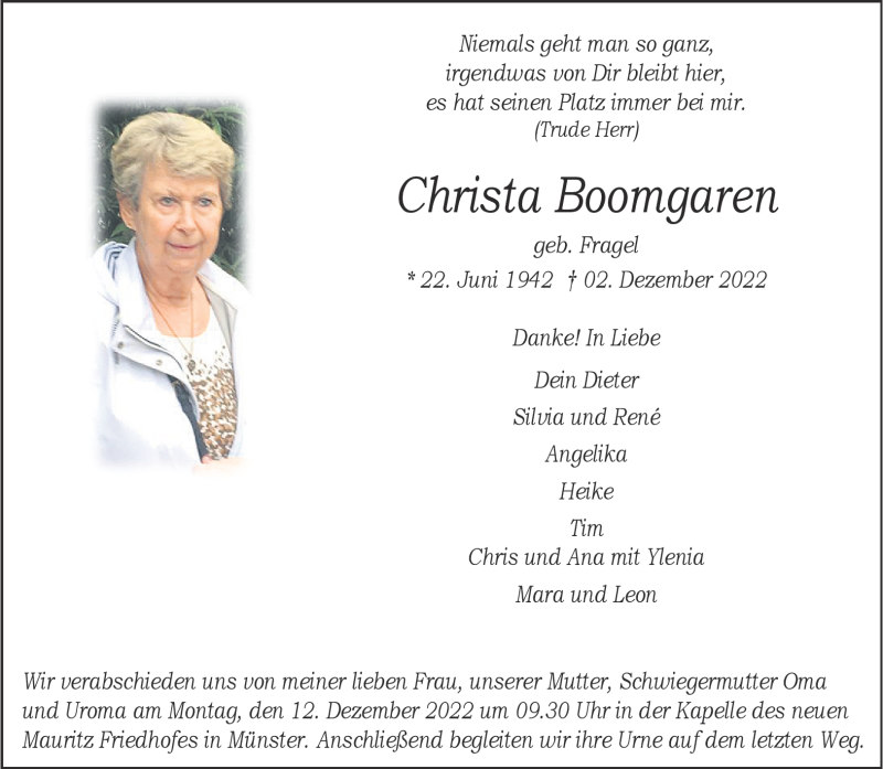  Traueranzeige für Christa Boomgaren vom 07.12.2022 aus 