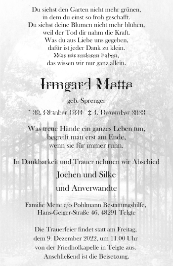 Anzeige von Irmgard Mette 