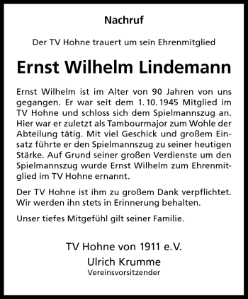 Anzeige von Ernst Wilhelm Lindemann 