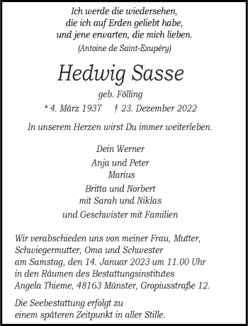 Anzeige von Hedwig Sasse 