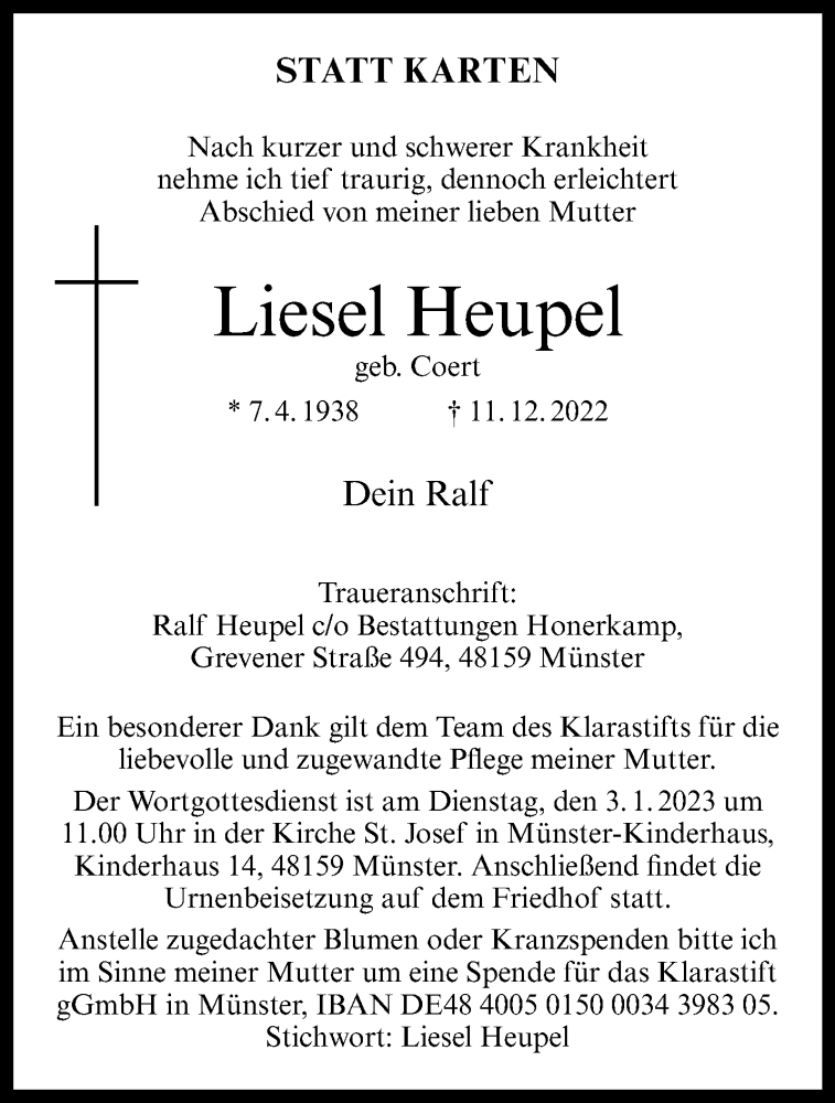  Traueranzeige für Liesel Heupel vom 28.12.2022 aus 