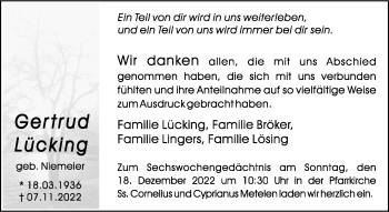 Anzeige von Gertrud Lücking 