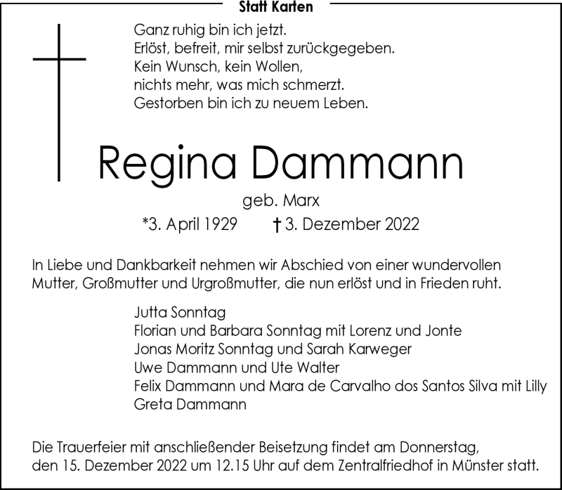  Traueranzeige für Regina Dammann vom 10.12.2022 aus 
