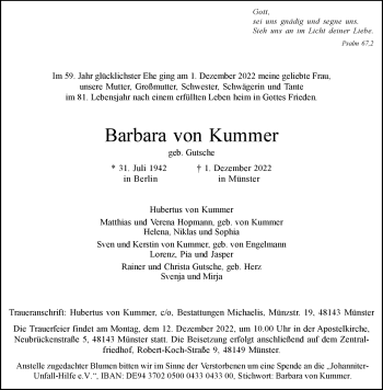 Anzeige von Barbara von Kummer 