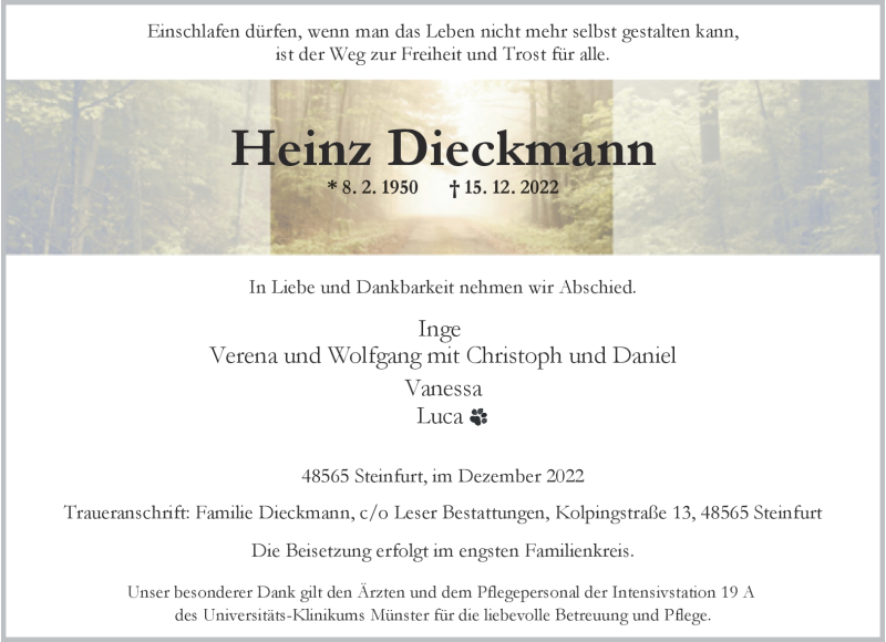  Traueranzeige für Heinz Dieckmann vom 21.12.2022 aus 