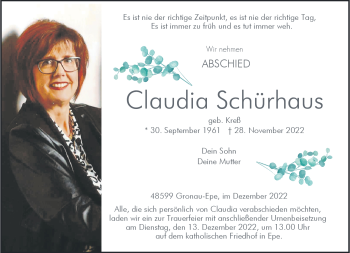 Anzeige von Claudia Schürhaus 